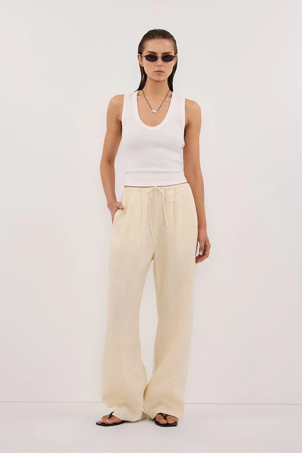 CARLA STRAW DRAWSTRING LINEN PANT