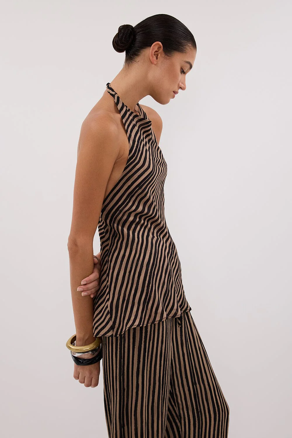 CHARLI TAN STRIPE HALTER TOP
