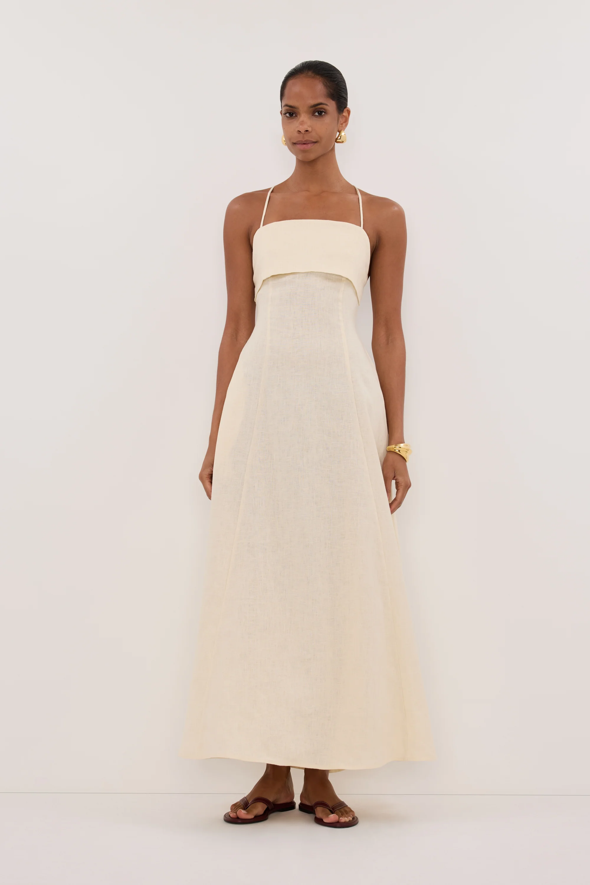 DANIELLA STRAW LINEN TIE BACK MIDI DRESS - Image 3