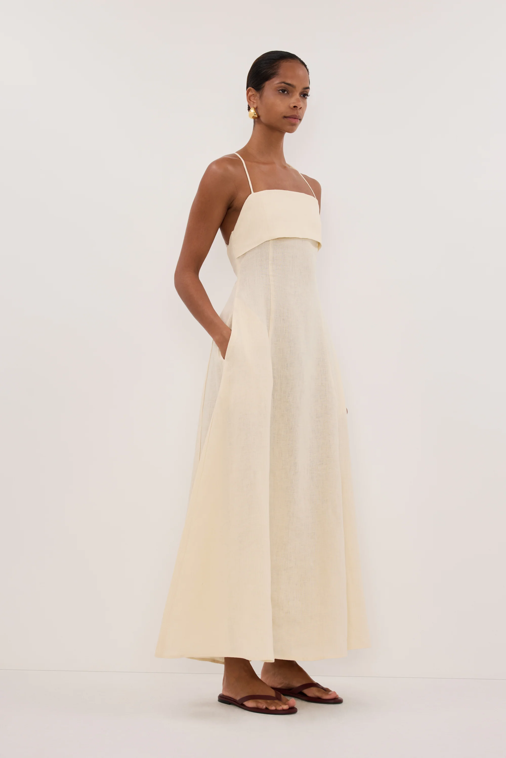 DANIELLA STRAW LINEN TIE BACK MIDI DRESS - Image 4