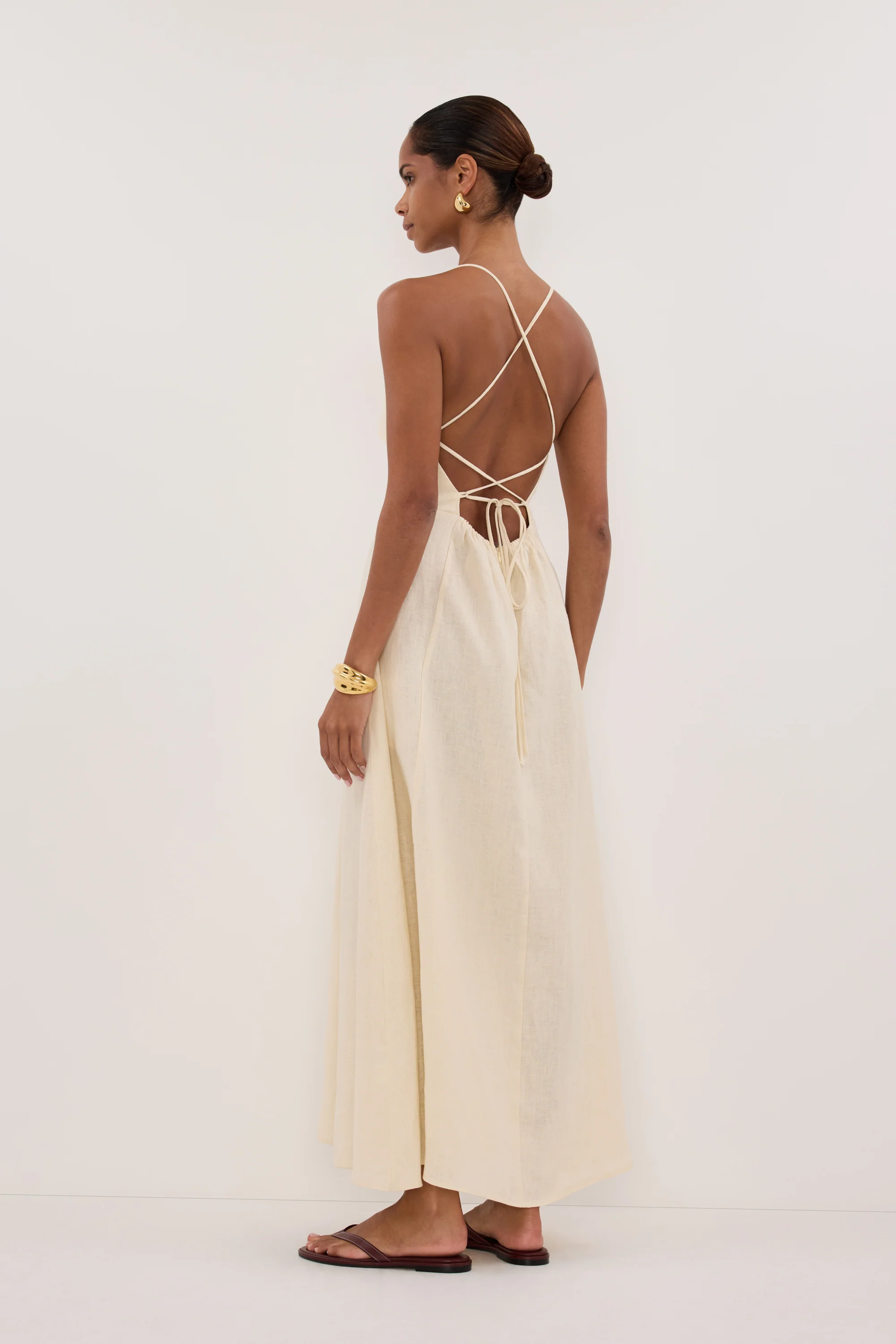 DANIELLA STRAW LINEN TIE BACK MIDI DRESS - Image 5