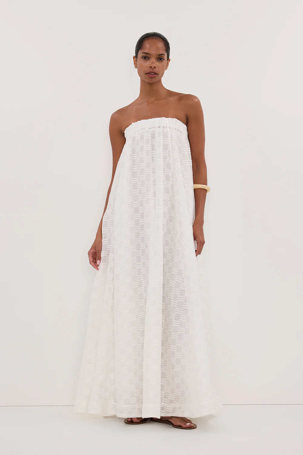 ELBA WHITE SHEER STRAPLESS MIDI DRESS