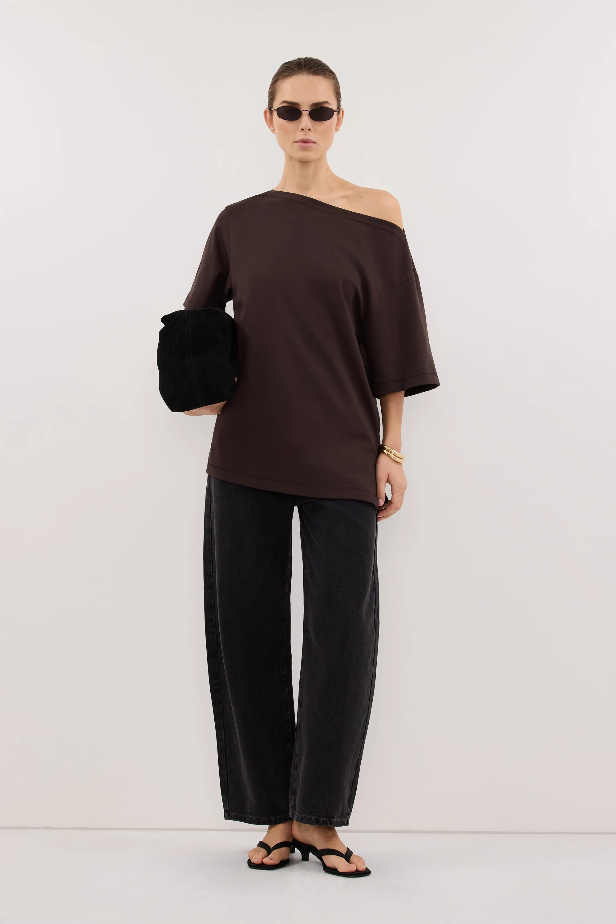 ESME BITTER CHOC ASYM BOAT NECK TEE