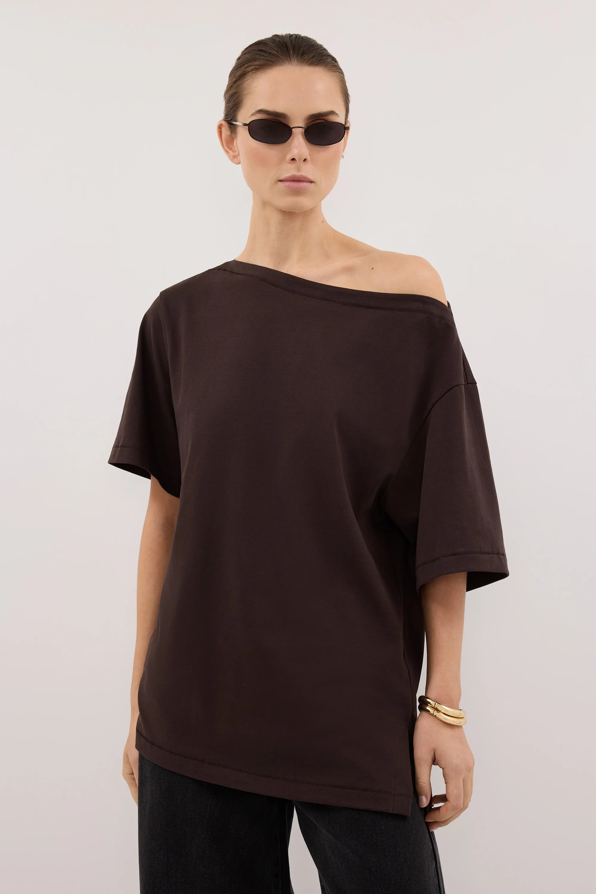 ESME BITTER CHOC ASYM BOAT NECK TEE - Image 2