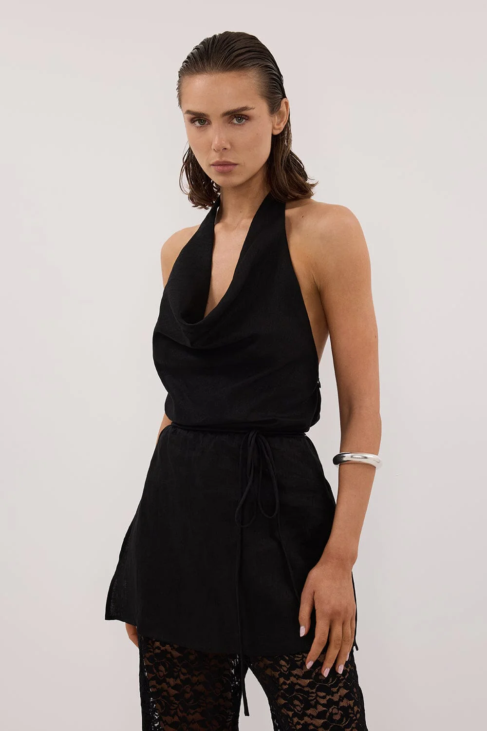 HAYLEE BLACK SLEEVELESS LINEN COWL TOP - Image 2