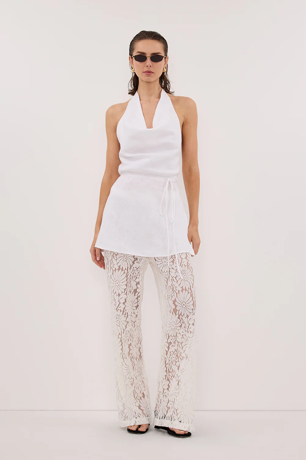 HAYLEE WHITE SLEEVELESS LINEN COWL TOP