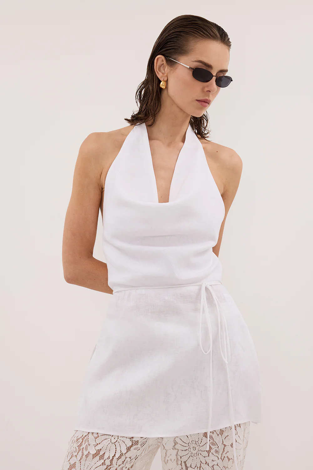 HAYLEE WHITE SLEEVELESS LINEN COWL TOP - Image 2