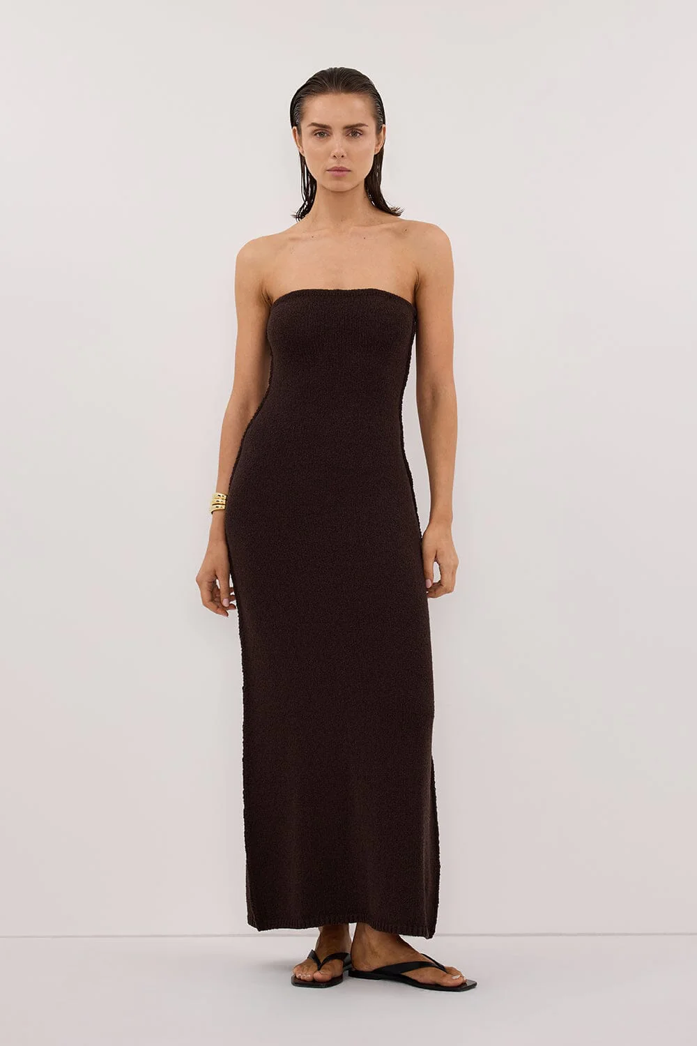 KARA CHOC STRAPLESS KNIT MIDI DRESS