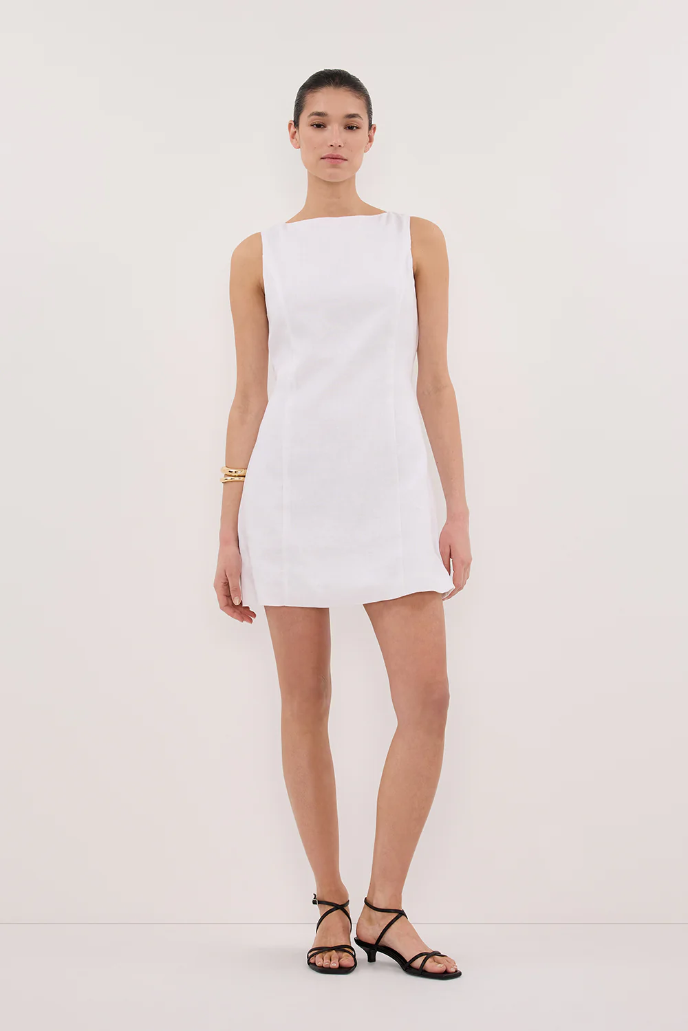 LACY WHITE SLEEVELESS LINEN MINI DRESS