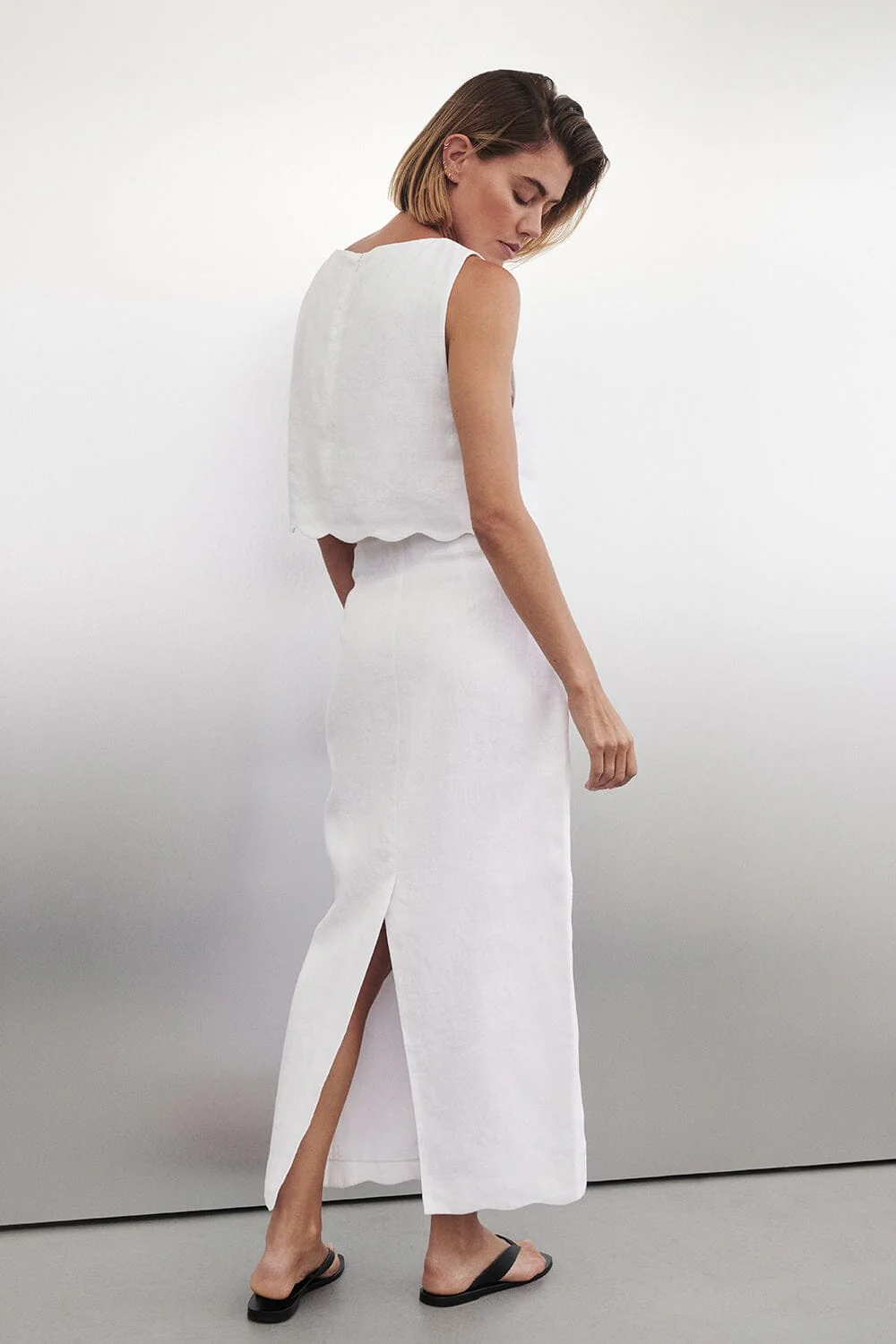 LELA WHITE LINEN MIDI SKIRT