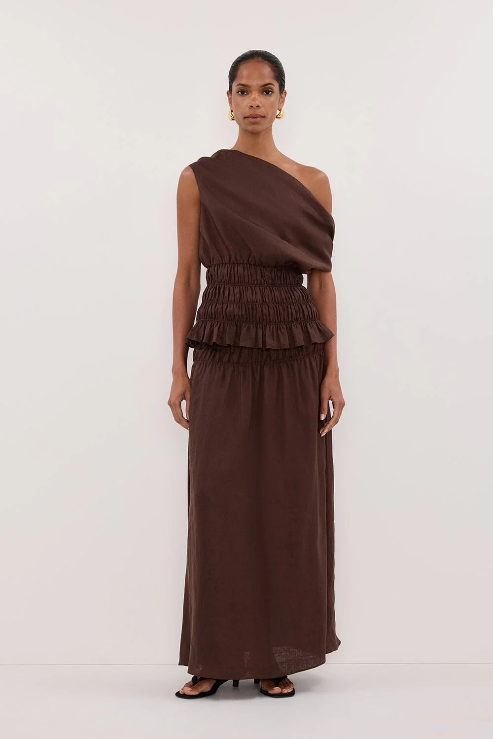 MAIA COCOA LINEN SHIRRED MIDI SKIRT