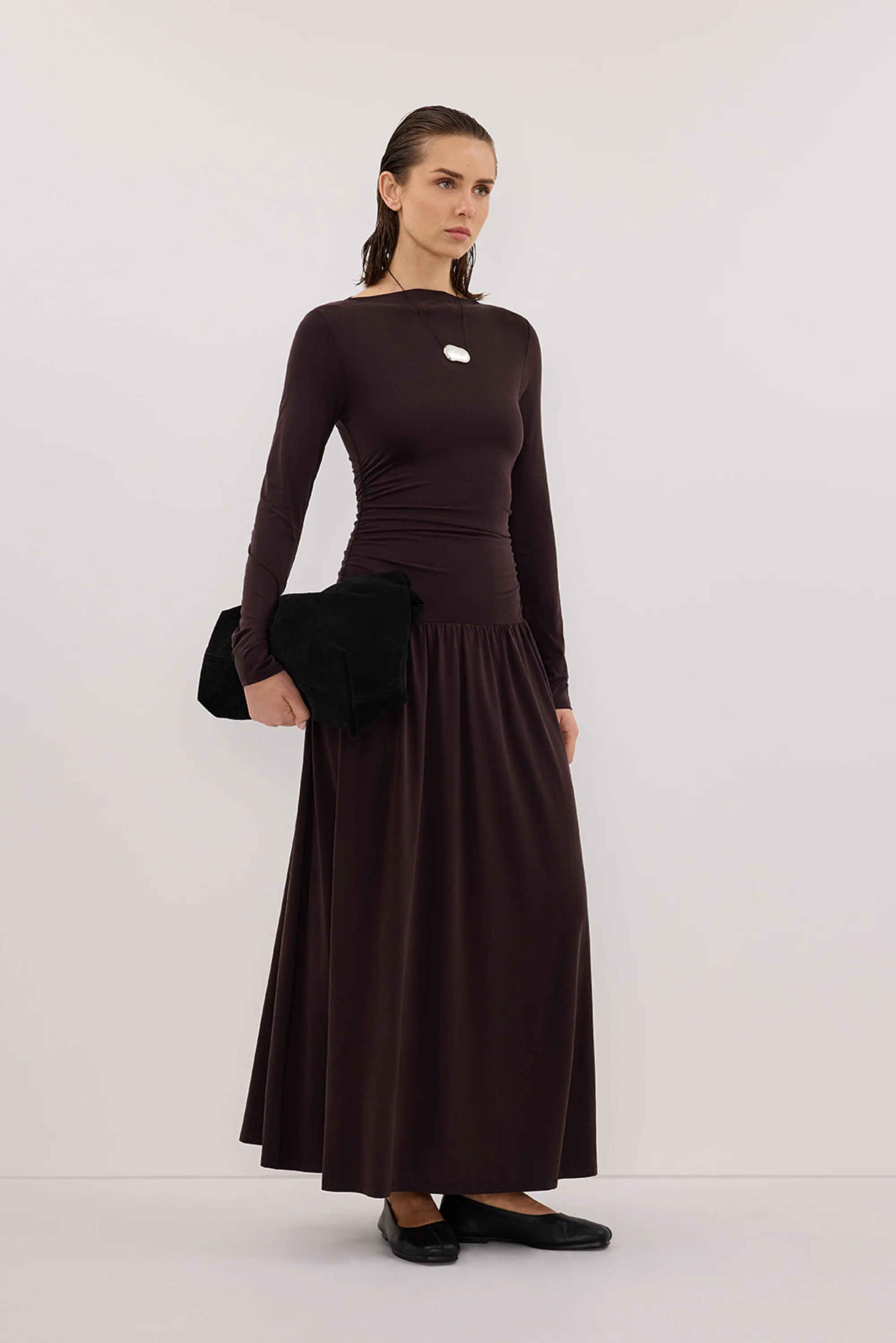 MEG BURNT CHOC LONG SLEEVE KNIT MIDI DRESS - Image 3