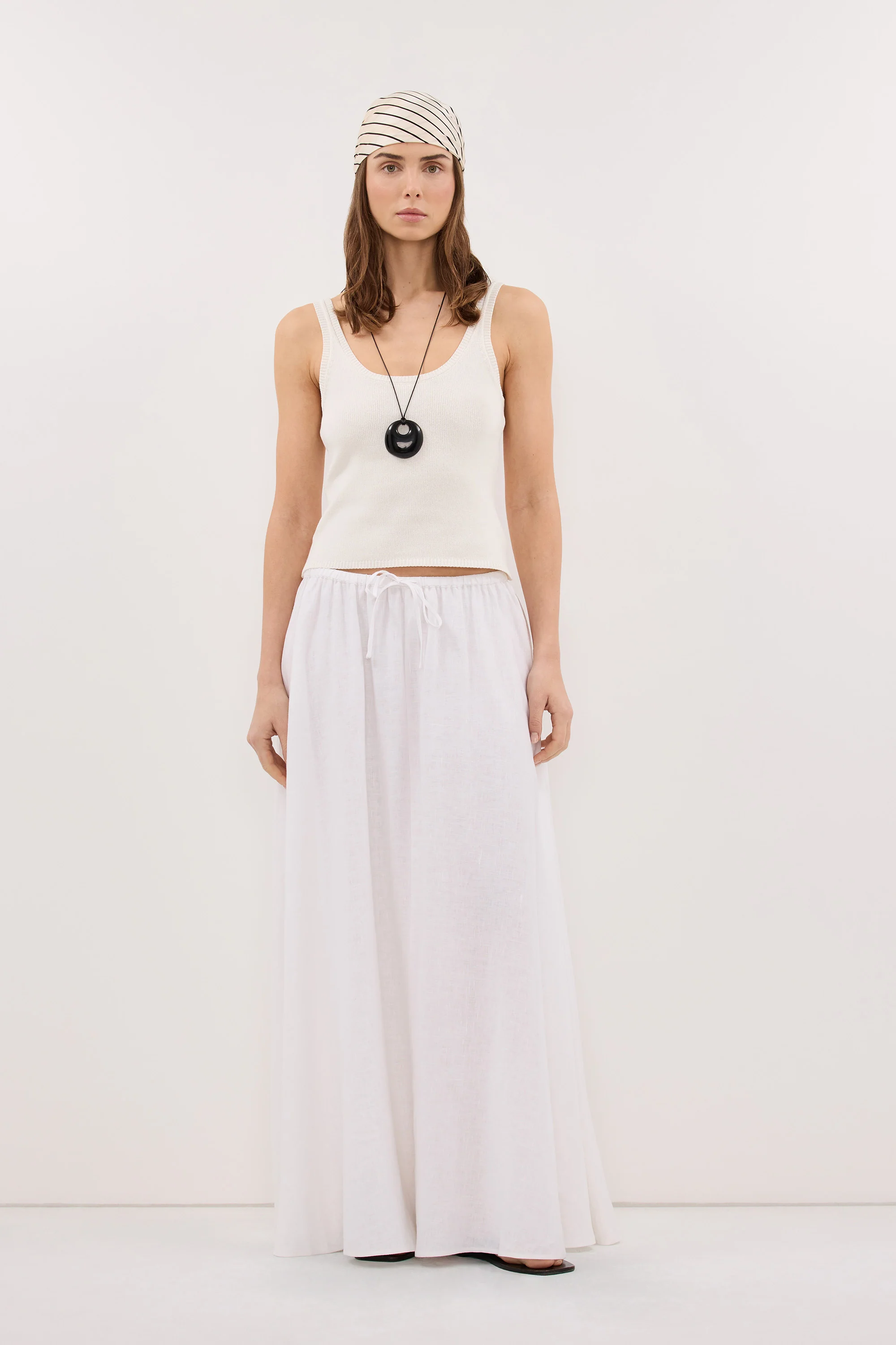 RAVELLO WHITE LINEN MIDI SKIRT