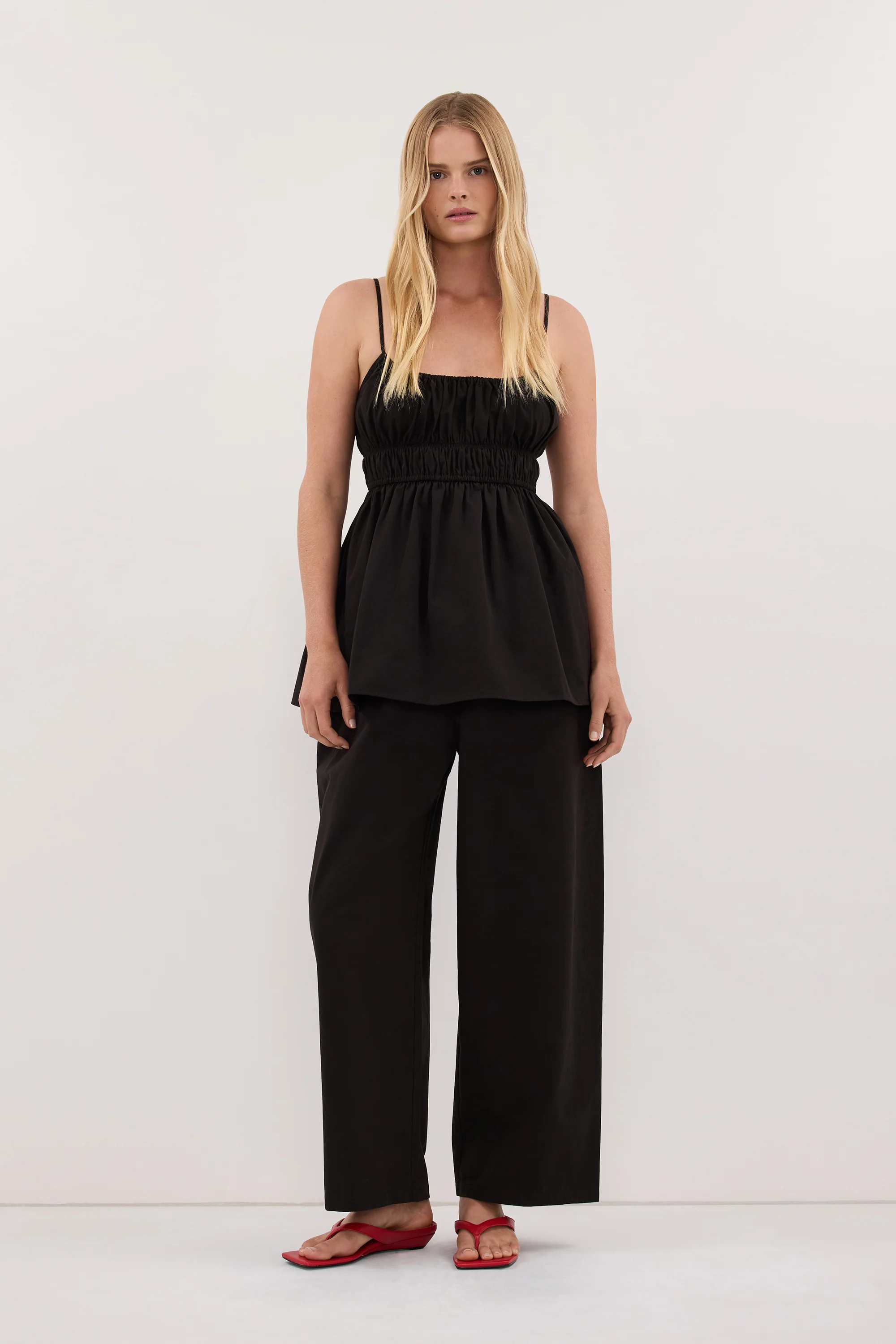 ZAHARA BLACK POPLIN RUCHED TOP